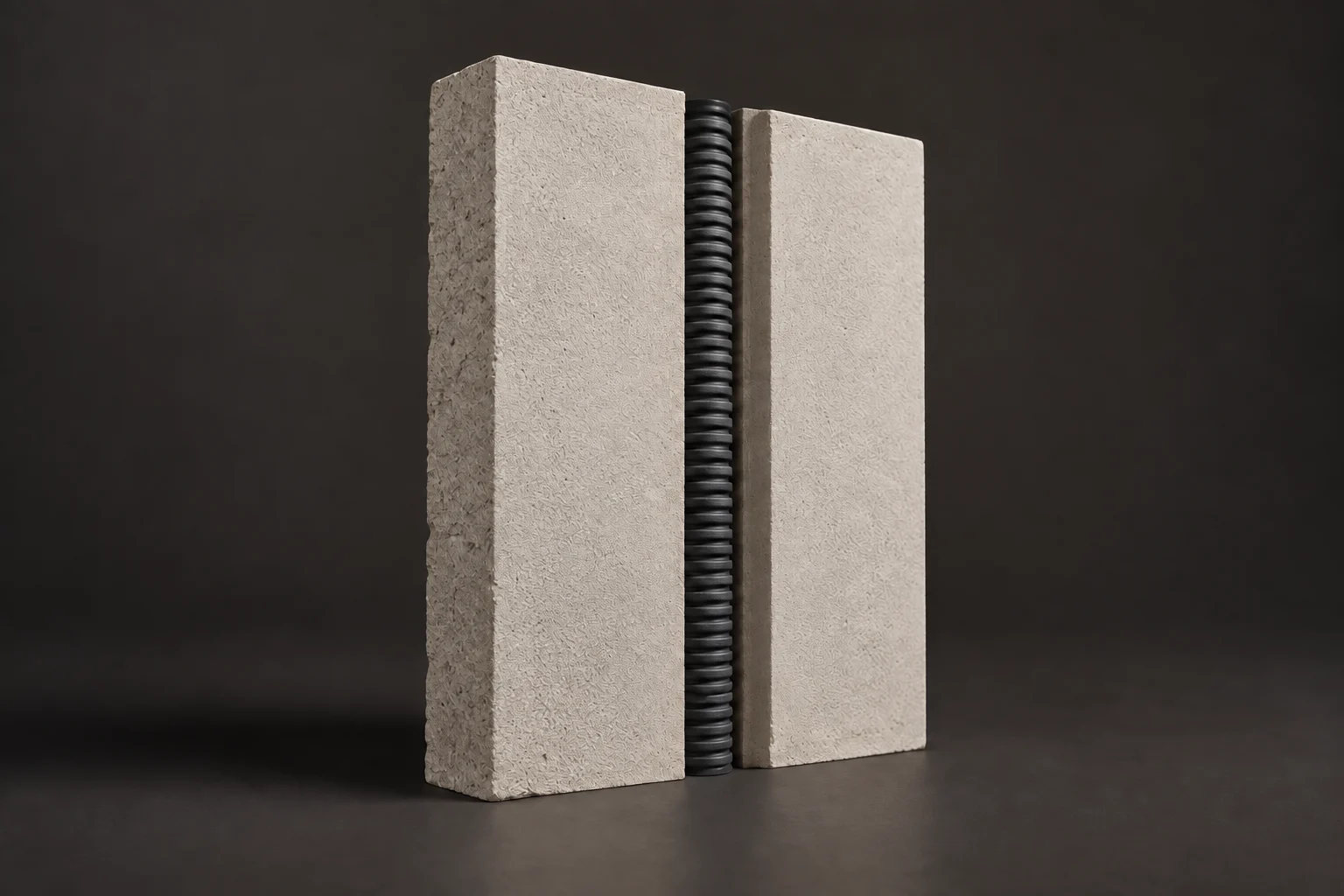 Conduit in an open mineral wall chase before plastering. Concept illustration; no clip prototype shown.