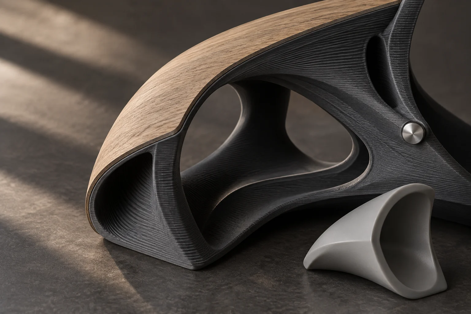 Conceptual FDM shell with wood veneer, resin and aluminium details.